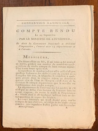 Item #003084 Compte Rendu Le 23 Septembre Par Le Ministre De L'interieur et Dont La Convetion...