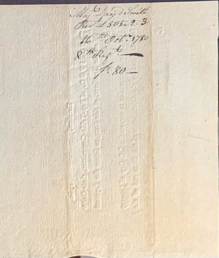 RECEIVED, of Pay-Table-Committee, their Order on the Treasurer, of this State, to secure the Payment of Five hundred five pounds and two shillings six pence being the Balance due to me, on the first Day of January last, as stated by the Committees of the State and of the Army. Also included: A handwritten document certifying that Major David Smith was in the Continental Army at the time. Dated Camp Orange Town October 3, 1780