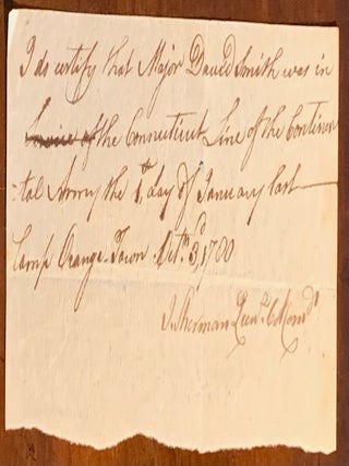 RECEIVED, of Pay-Table-Committee, their Order on the Treasurer, of this State, to secure the Payment of Five hundred five pounds and two shillings six pence being the Balance due to me, on the first Day of January last, as stated by the Committees of the State and of the Army. Also included: A handwritten document certifying that Major David Smith was in the Continental Army at the time. Dated Camp Orange Town October 3, 1780