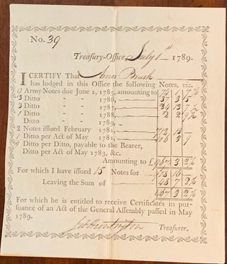 Item #10298 State of Connecticut Treasury Office July 1, 1789. Partially printed broadside