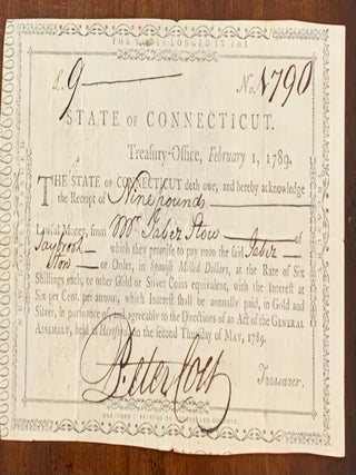 Item #10347 Connecticut Revolutionary War Debt Certificate 1789. Issued to Jabez Stow