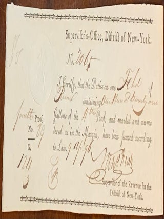 Item #10353 Certification of duty payment on a cask of rum April 9th, 1796. District of New-York...