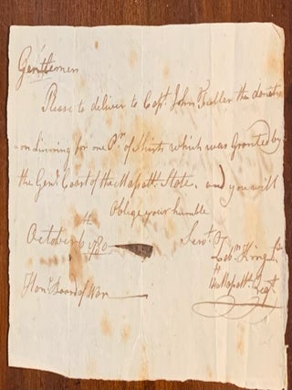 Item #10366 Handwritten instruction to deliver donated shirts. October 6th, 1780. Zebulon King