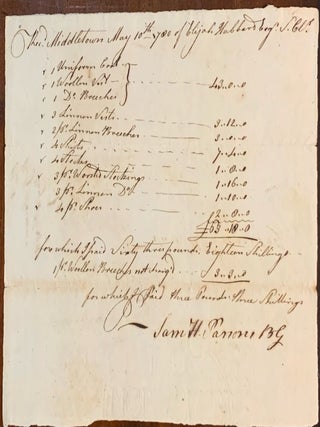 Item #10379 A list of clothing purchased on May 10th, 1780. Elijah Hubbard Samuel Holden Parsons