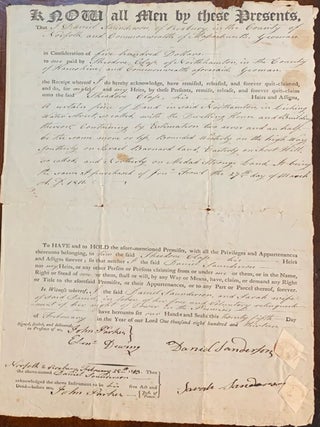 Item #10387 Partly printed land sale document dated February 25, 1813. Daniel Saunderson:...
