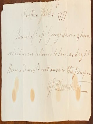 Item #10396 A handwritten receipt for three horses dated Newtown, February 1777. Captain Lawrence...