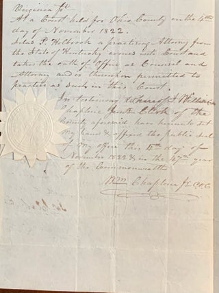 Handwritten Legal letter of recommendation. Scott County, Kentucky 1822