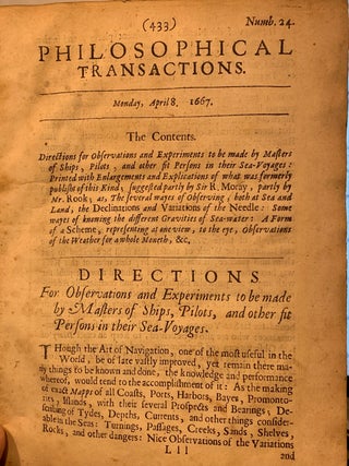 Item #10593 For Observations and Experiments to be made by Masters of Ships, Pilots, and other...