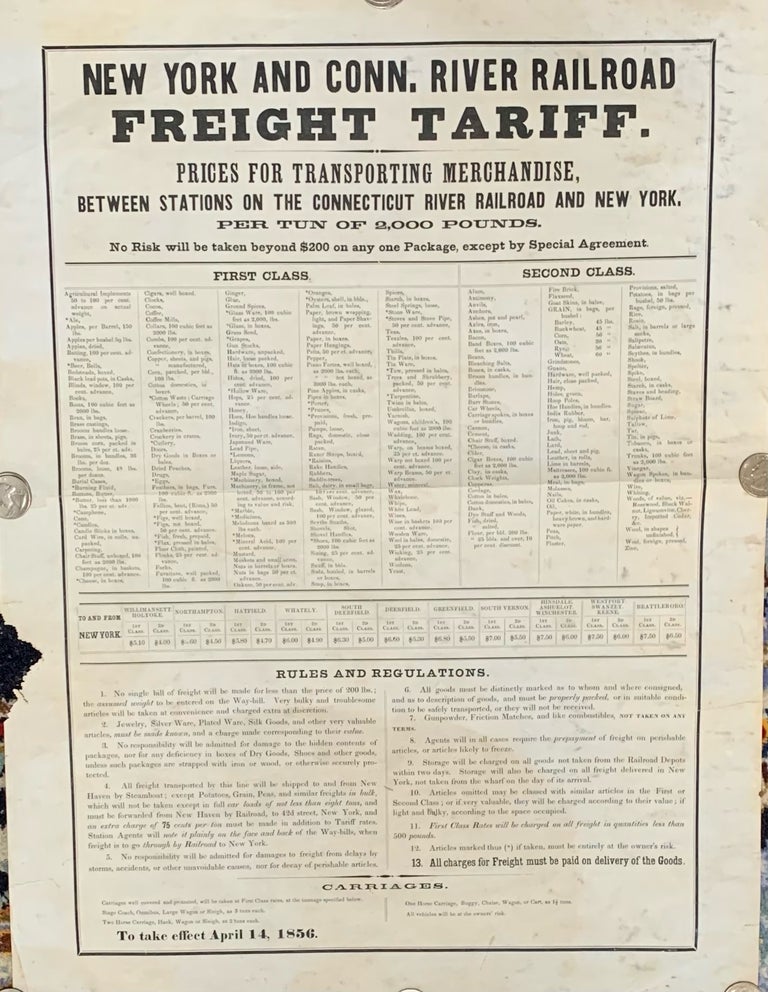 Item #2349 New York and Conn. River Railroad Freight Tariff dated April 14th 1856. Broadside.
