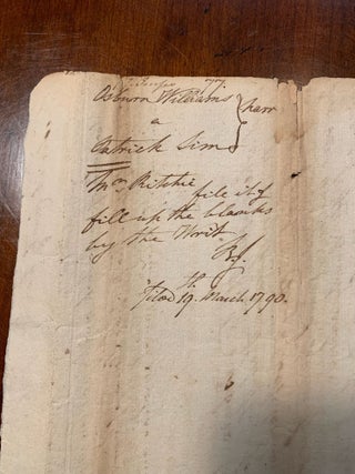 A legal dispute filed in Frederick County, Maryland regarding the slave Ben. The text is written on one side with Court filing dated March 19th, 1790 on the back. The dispute is between Patrick Sim (abt. 1755-1819) and Osburn Williams.