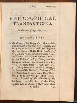Item #6937 Philosophical Transactions Number 232 For the Month of September, 1697. Hans Sloane