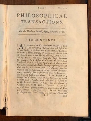 Item #6941 Philosophical Transactions Number 220 For the Months of March, April and May, 1696....