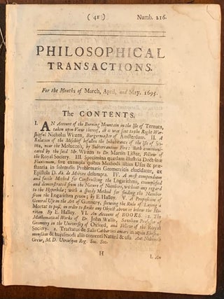 Item #6948 Philosophical Transactions Number 216 For the Months of March, April, and May 1695....
