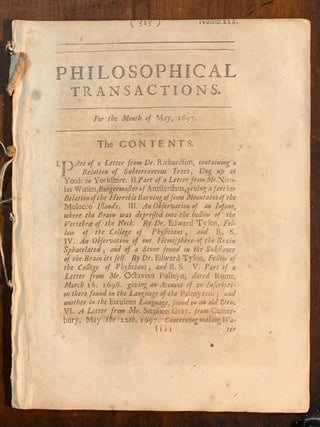 Item #6958 Philosophical Transactions Number 228 For the Month of May 1697. Hans Sloane