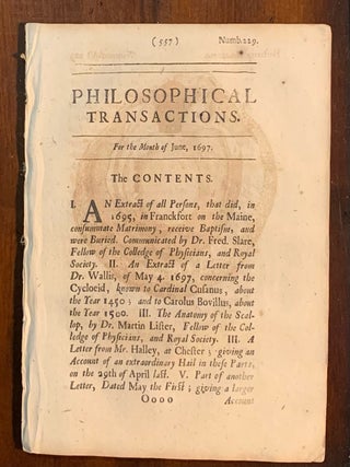 Item #6962 Philosophical Transactions Number 229 For the Month of June 1697. Hans Sloane